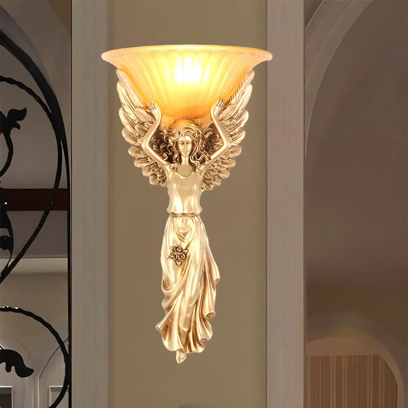 Glam Angel Gold Resin Wall Sconce With Frosted Glass Image - 1