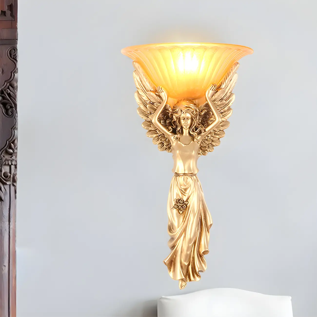 Glam Angel Gold Resin Wall Sconce With Frosted Glass Image - 2 | homeyfad