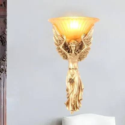 Glam Angel Gold Resin Wall Sconce With Frosted Glass Image - 2