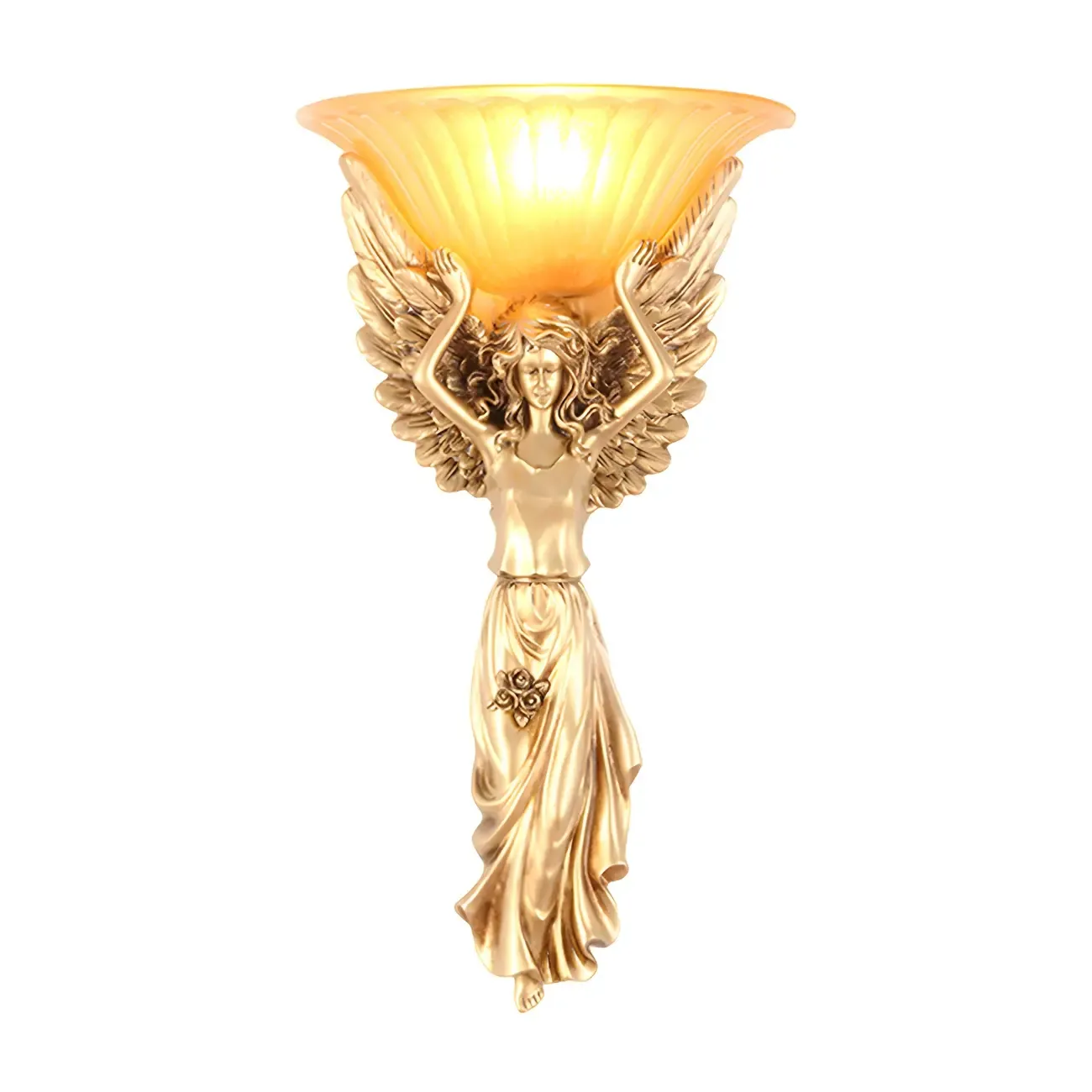 Glam Angel Gold Resin Wall Sconce With Frosted Glass Image - 3