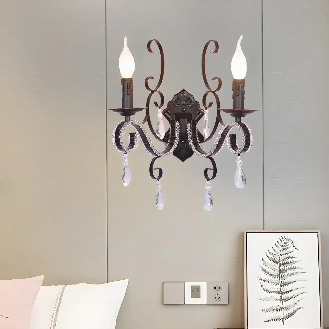 Vintage Candle Wall Mounted Lamp Metal 1/2-Head Bedroom Wall Light with Clear Crystal Accent in Black Finish Image - 1 | homeyfad