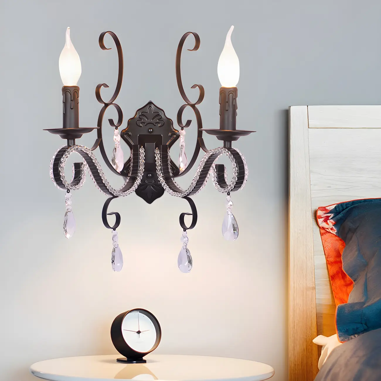 Vintage Candle Wall Mounted Lamp Metal 1/2-Head Bedroom Wall Light with Clear Crystal Accent in Black Finish Image - 2 | homeyfad