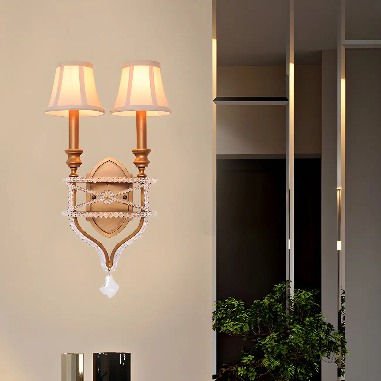 2 Lights Graceful Crystal Wall Sconce with Fabric Shade & LED Image - 1 | homeyfad