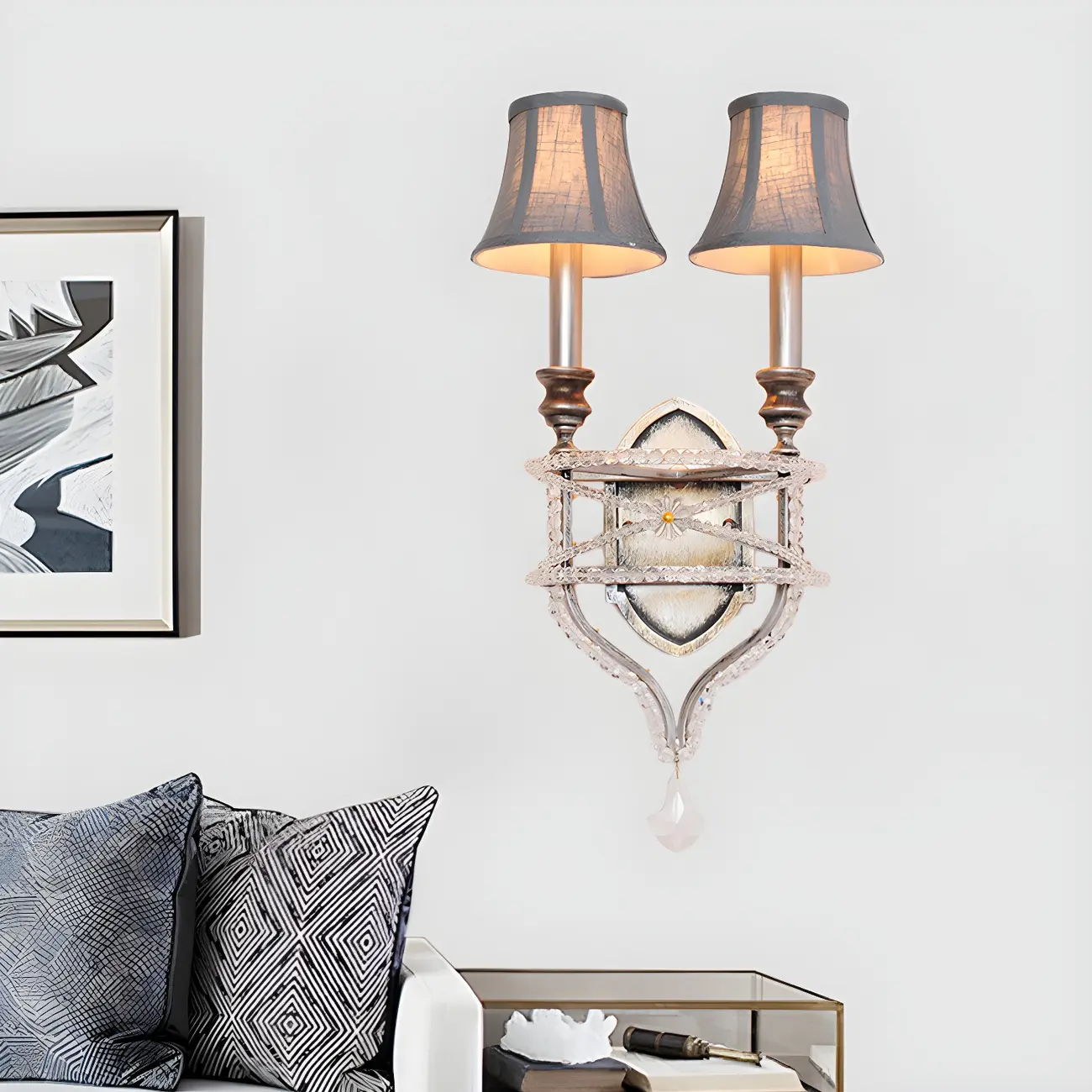 2 Lights Graceful Crystal Wall Sconce with Fabric Shade & LED Image - 6 | homeyfad