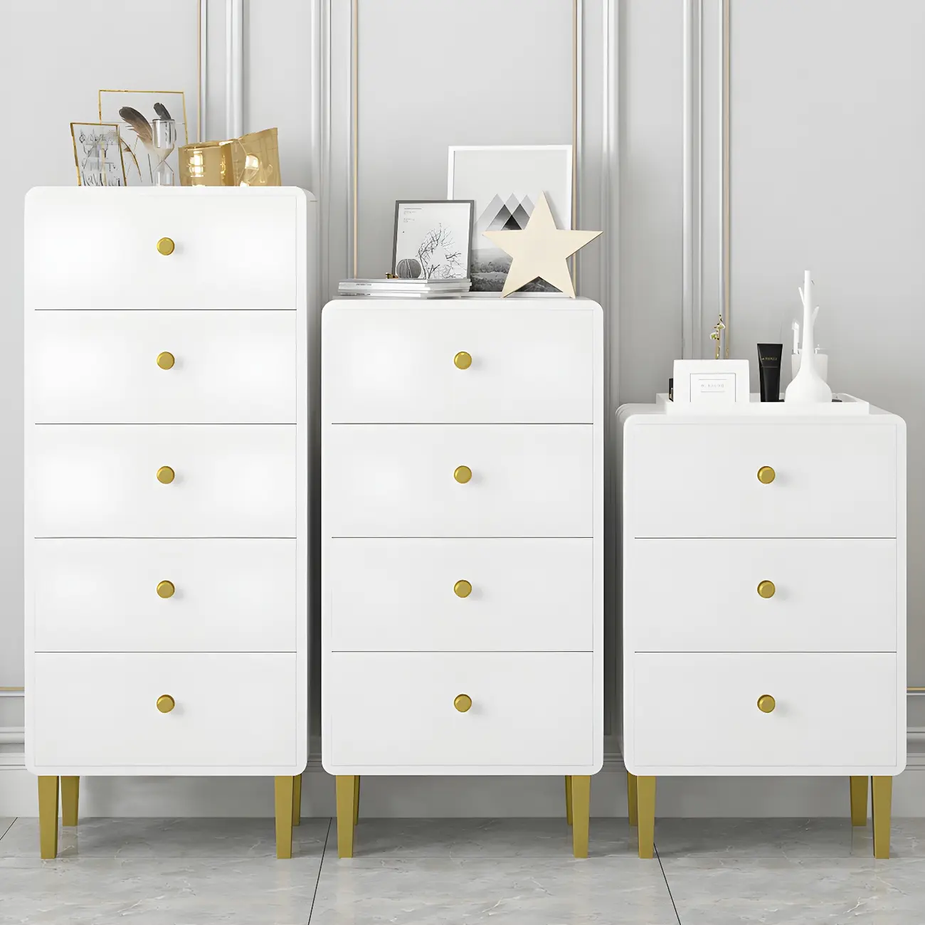 Elegant White Wooden Dressers with Metal Legs for Bedroom Image - 1 | homeyfad