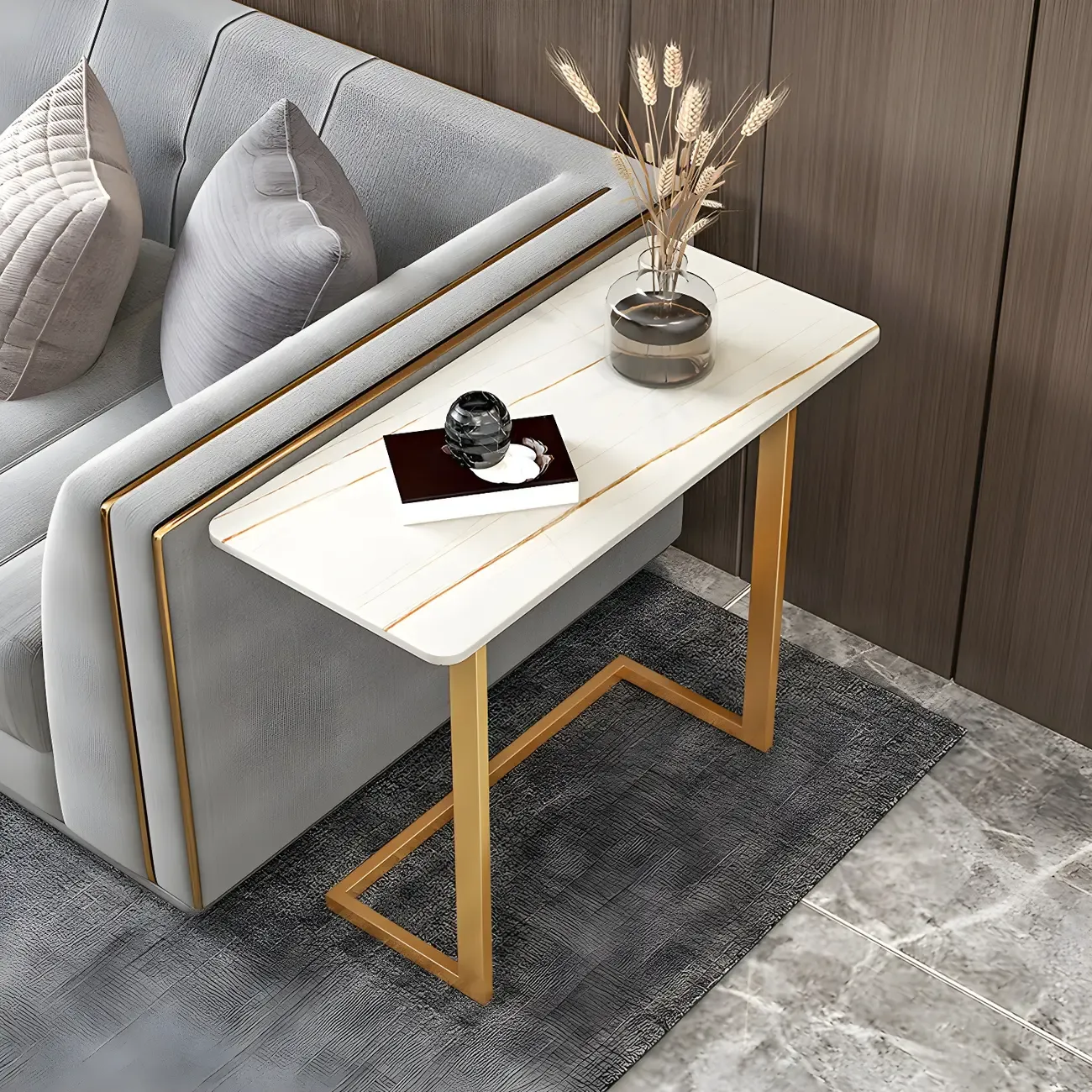 Rectangular Stone Top C-Shaped Side Table White Image - 1