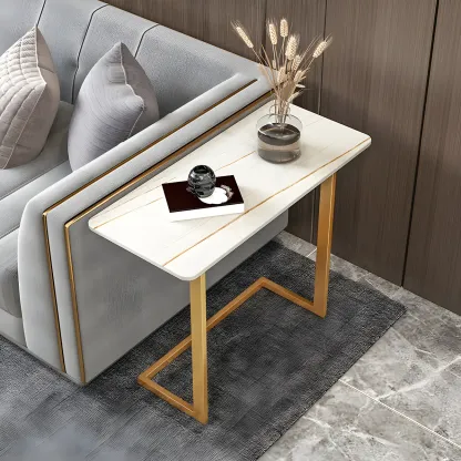 Rectangular Stone Top C-Shaped Side Table White Image - 1