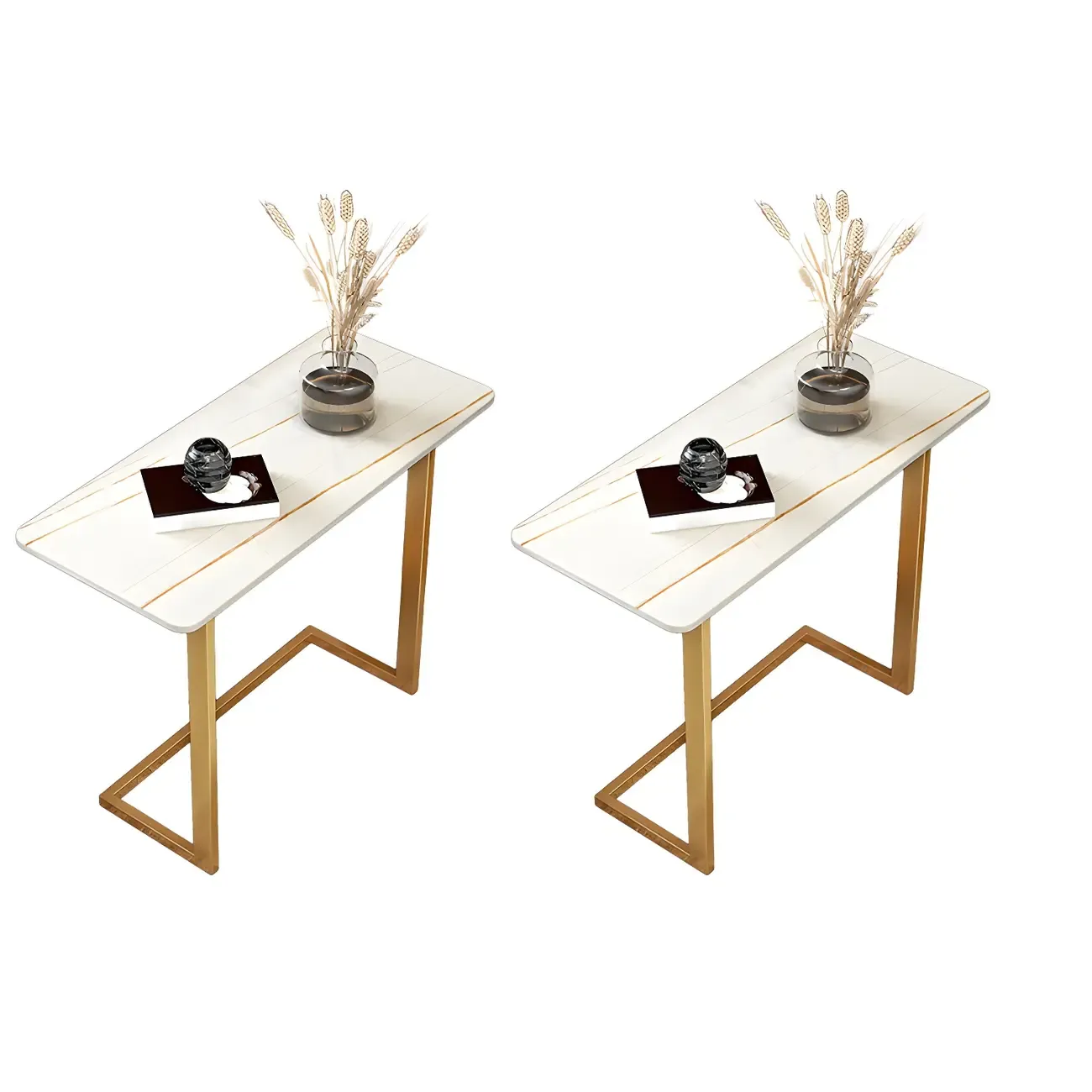 Rectangular Stone Top C-Shaped Side Table White Image - 4