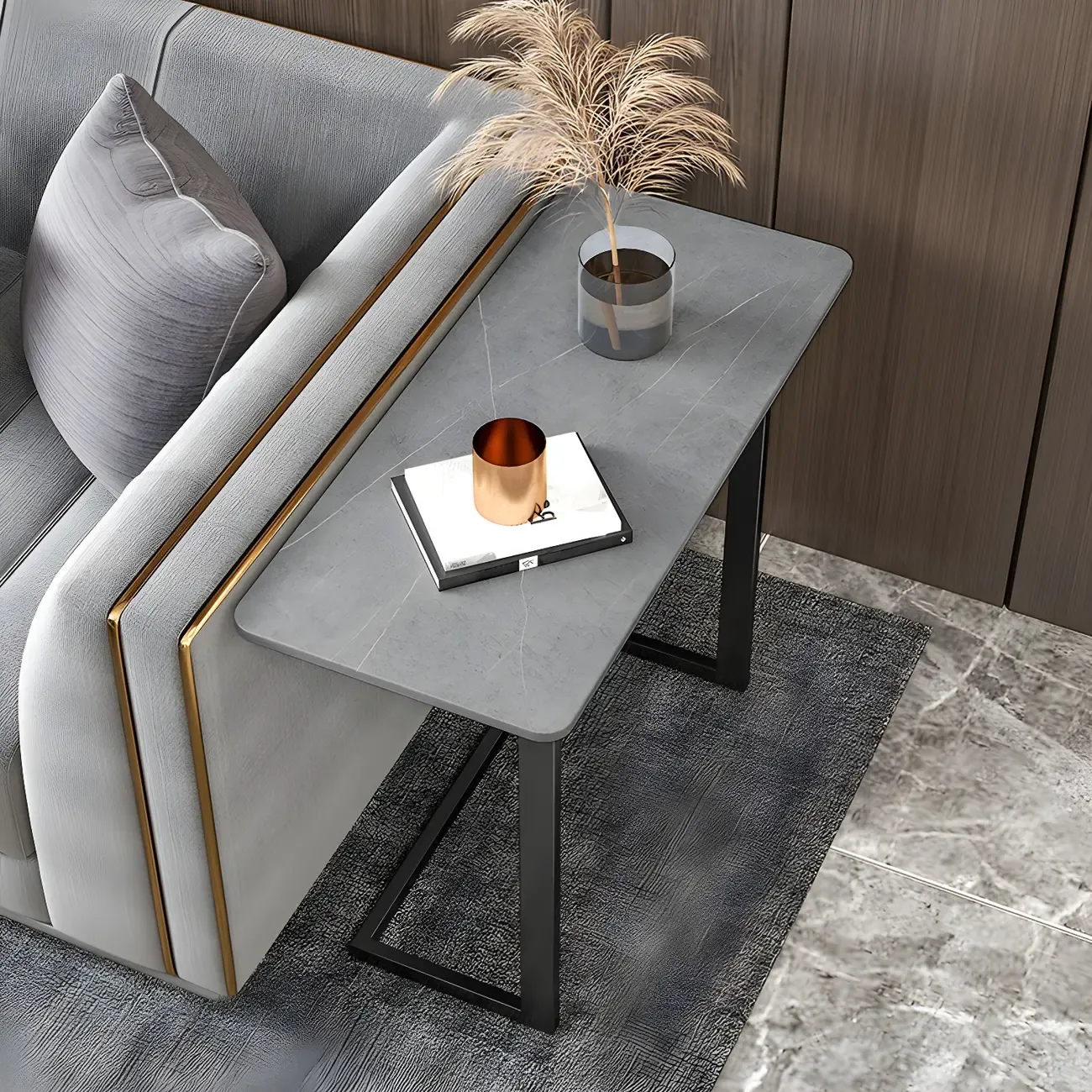 Rectangular Stone Top C-Shaped Side Table White Image - 2