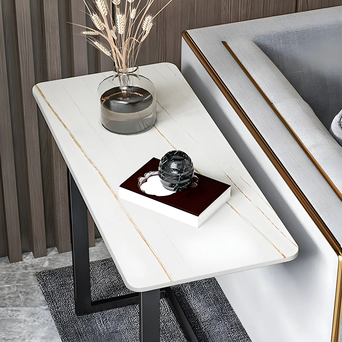 Rectangular Stone Top C-Shaped Side Table White Image - 12 | homeyfad