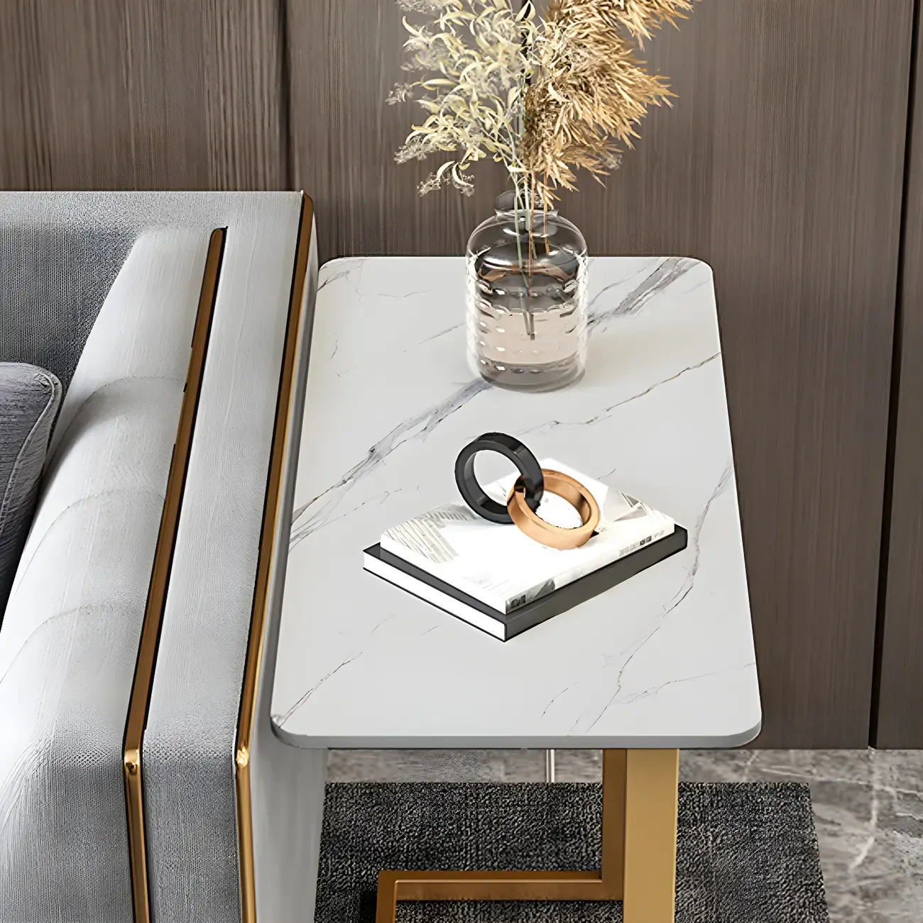 Rectangular Stone Top C-Shaped Side Table White Image - 14