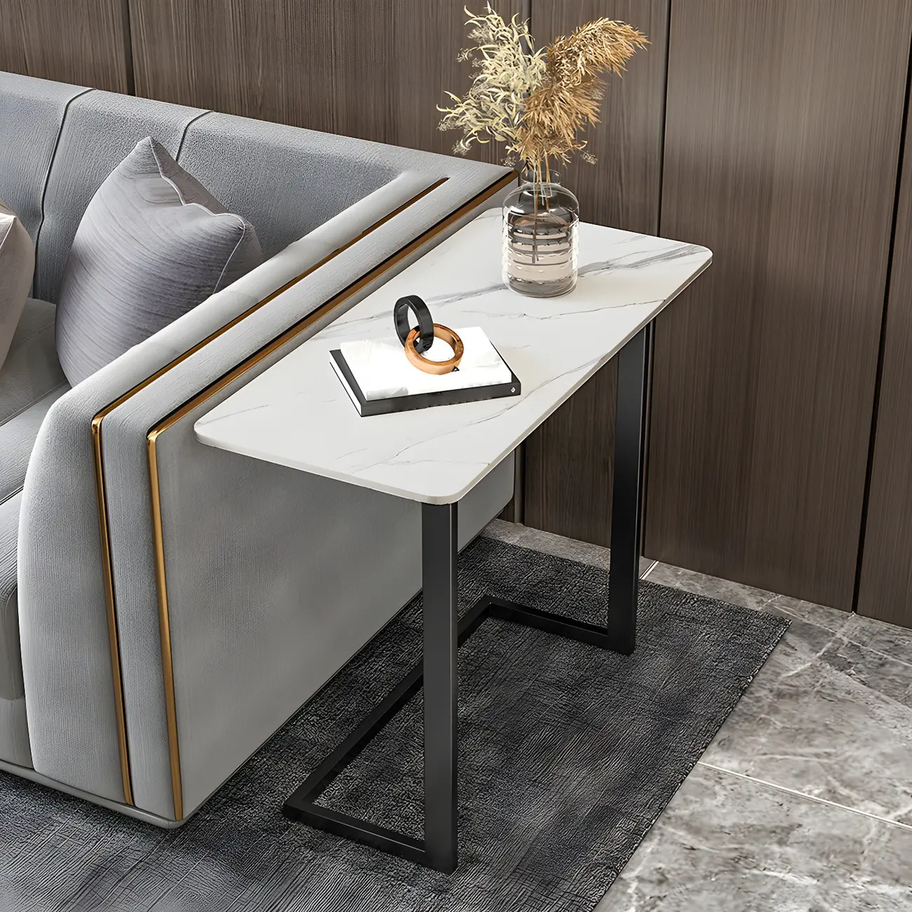 Rectangular Stone Top C-Shaped Side Table White Image - 15 | homeyfad