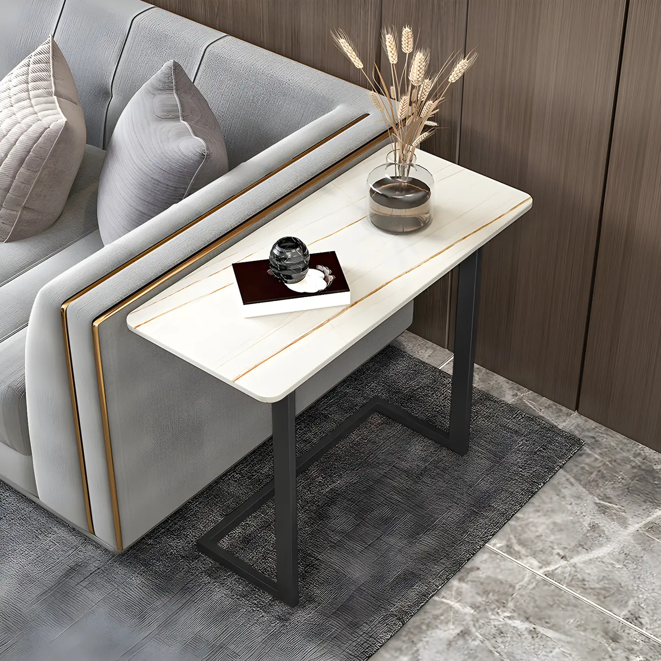 Rectangular Stone Top C-Shaped Side Table White Image - 16 | homeyfad