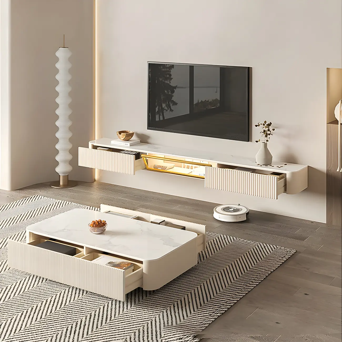 Glam Stone Floating TV Stand with Open Shelves for Living Room Image - 3 | homeyfad
