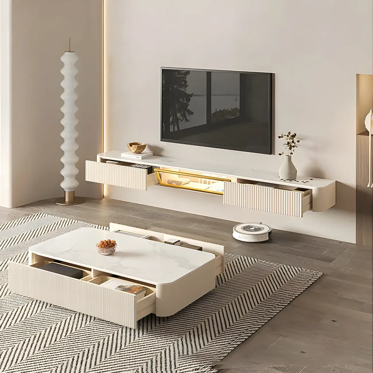 Glam Stone Floating TV Stand with Open Shelves for Living Room Image - 3