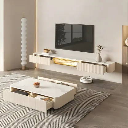 Glam Stone Floating TV Stand with Open Shelves for Living Room Image - 3