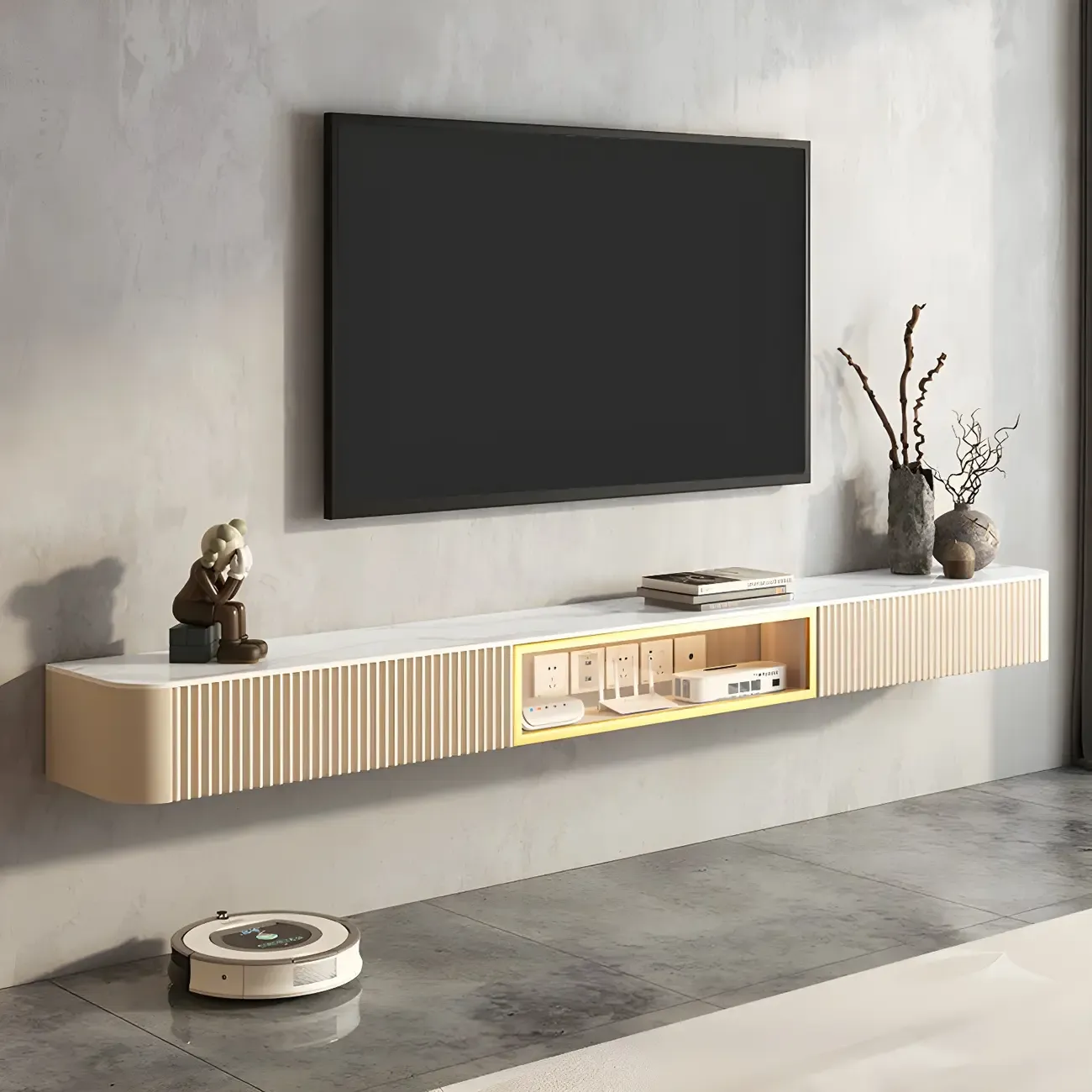 Glam Stone Floating TV Stand with Open Shelves for Living Room Image - 4