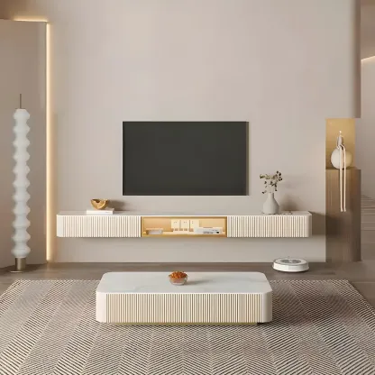 Glam Stone Floating TV Stand with Open Shelves for Living Room Image - 5