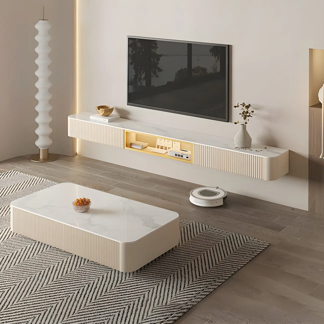 Glam Stone Floating TV Stand with Open Shelves for Living Room Image - 1 | homeyfad