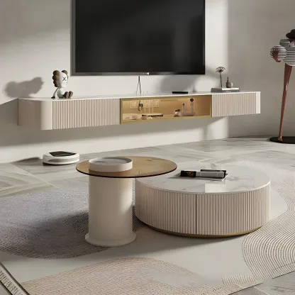 Glam Stone Floating TV Stand with Open Shelves for Living Room Image - 6