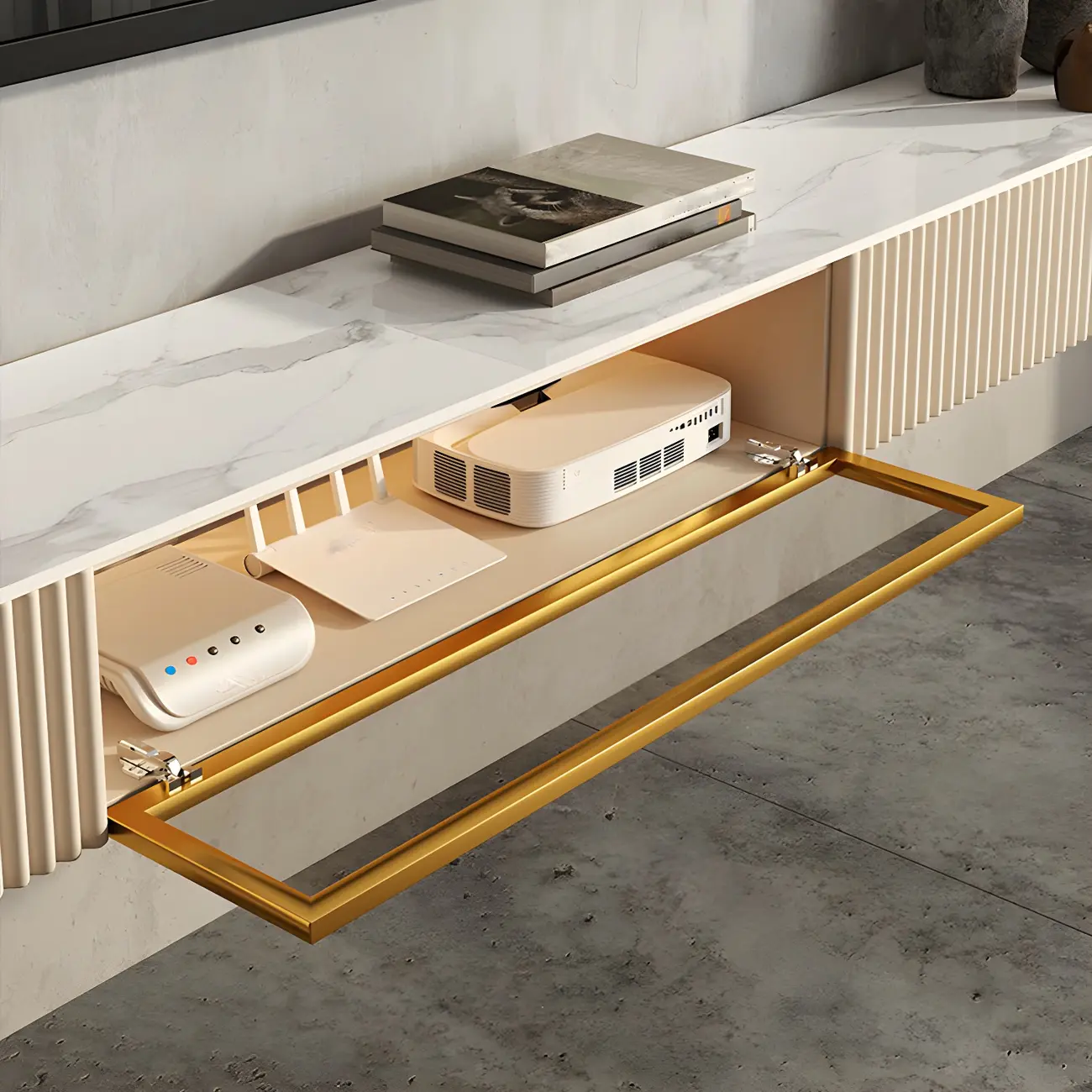 Glam Stone Floating TV Stand with Open Shelves for Living Room Image - 2 | homeyfad