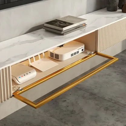 Glam Stone Floating TV Stand with Open Shelves for Living Room Image - 8