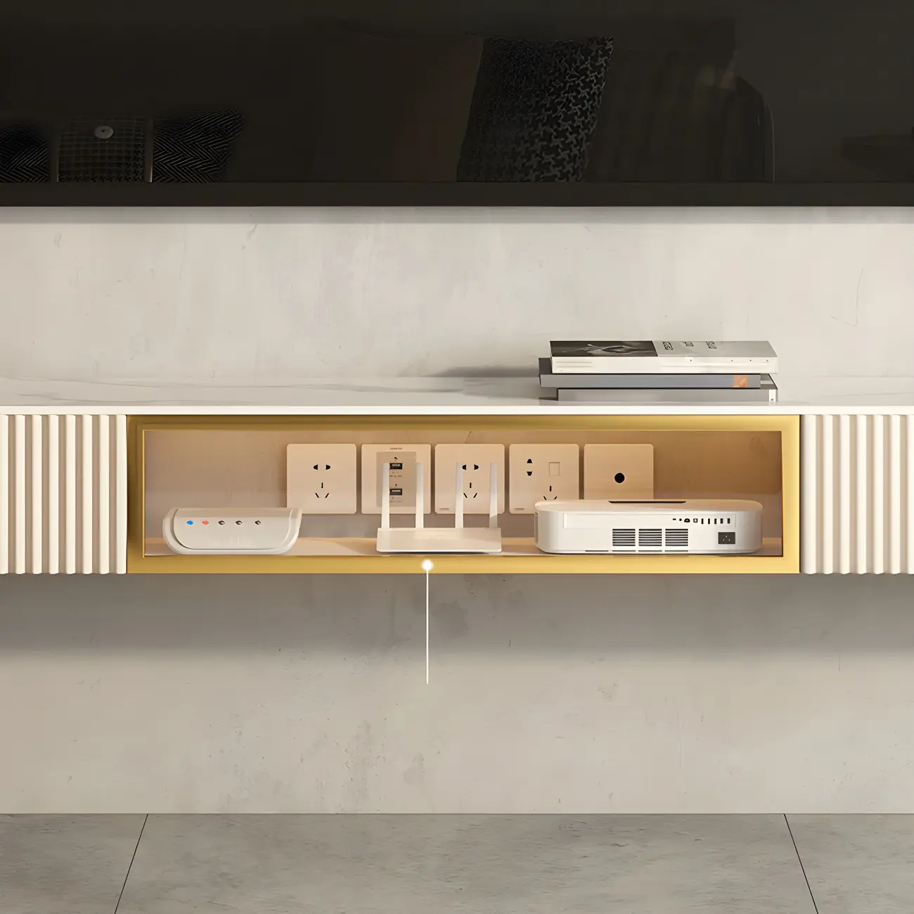 Glam Stone Floating TV Stand with Open Shelves for Living Room Image - 4 | homeyfad