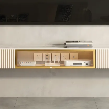 Glam Stone Floating TV Stand with Open Shelves for Living Room Image - 9