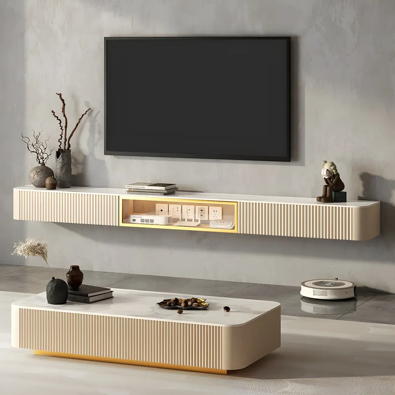 Glam Stone Floating TV Stand with Open Shelves for Living Room Image - 2