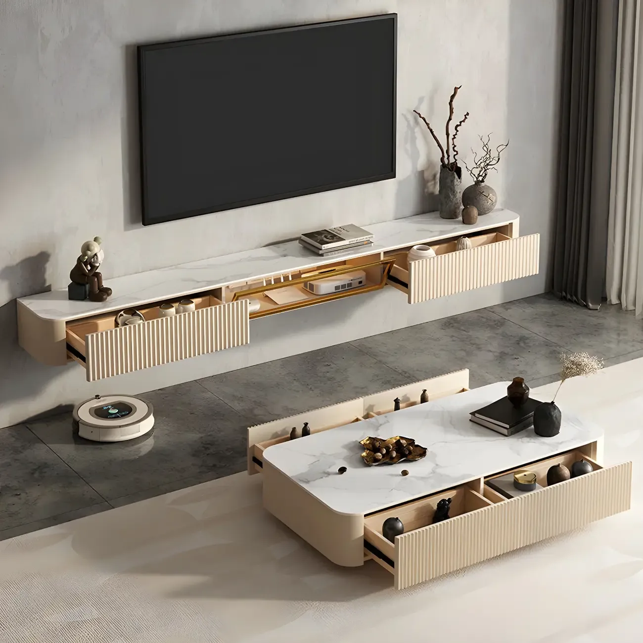 Glam Stone Floating TV Stand with Open Shelves for Living Room Image - 12