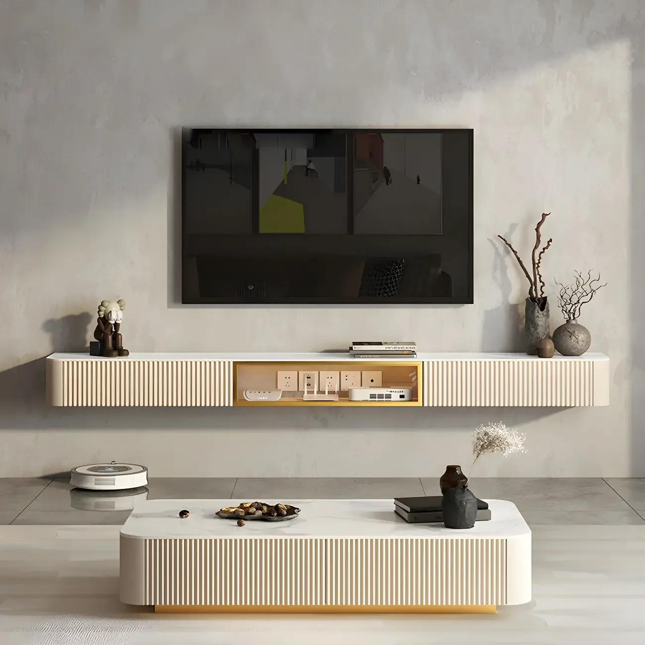 Glam Stone Floating TV Stand with Open Shelves for Living Room Image - 13