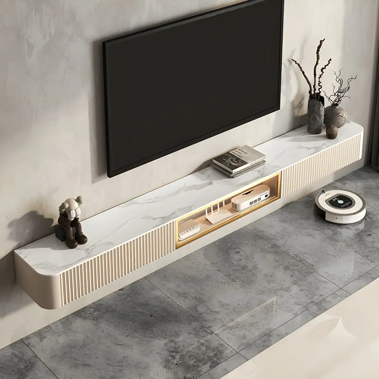 Glam Stone Floating TV Stand with Open Shelves for Living Room Image - 14