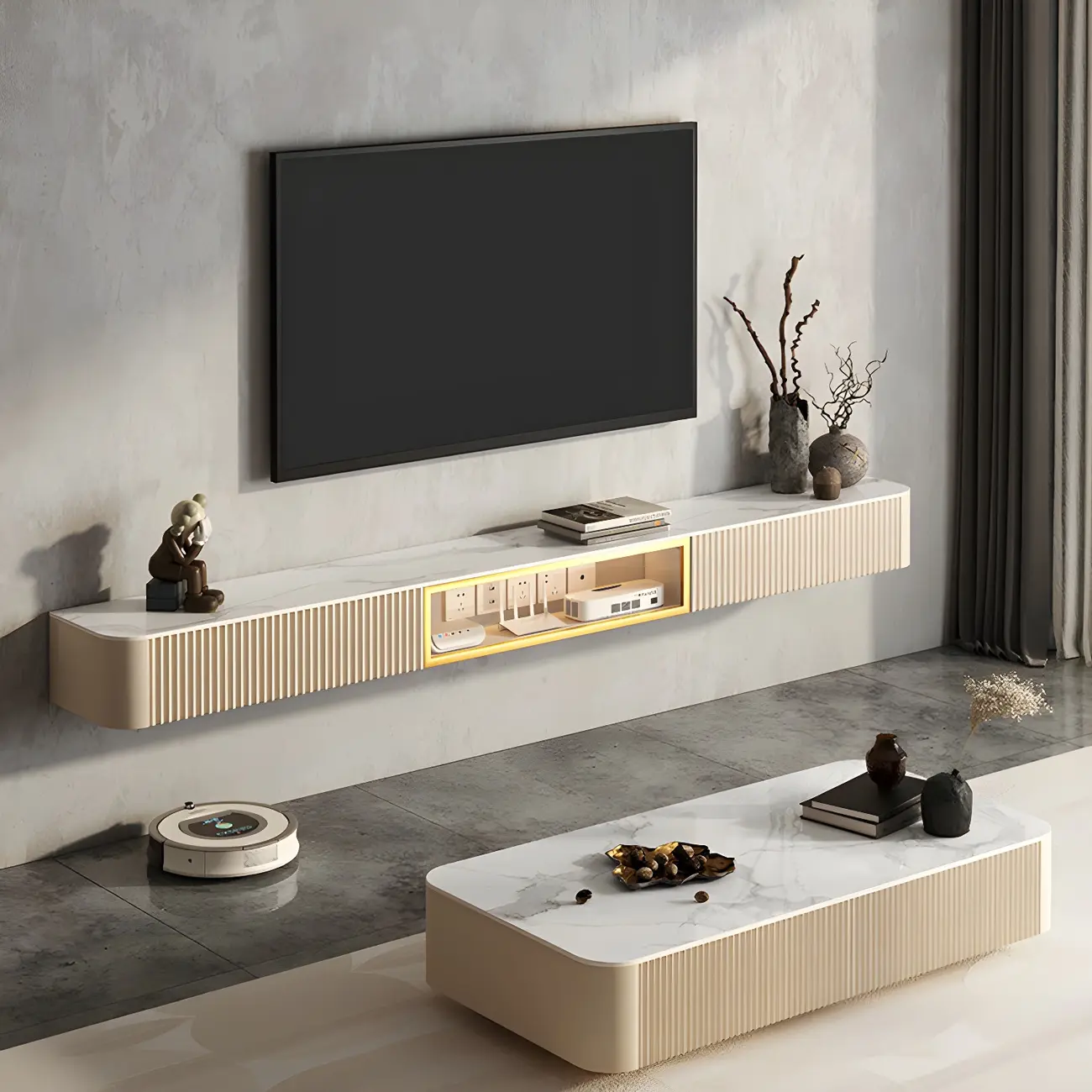 Glam Stone Floating TV Stand with Open Shelves for Living Room Image - 15 | homeyfad