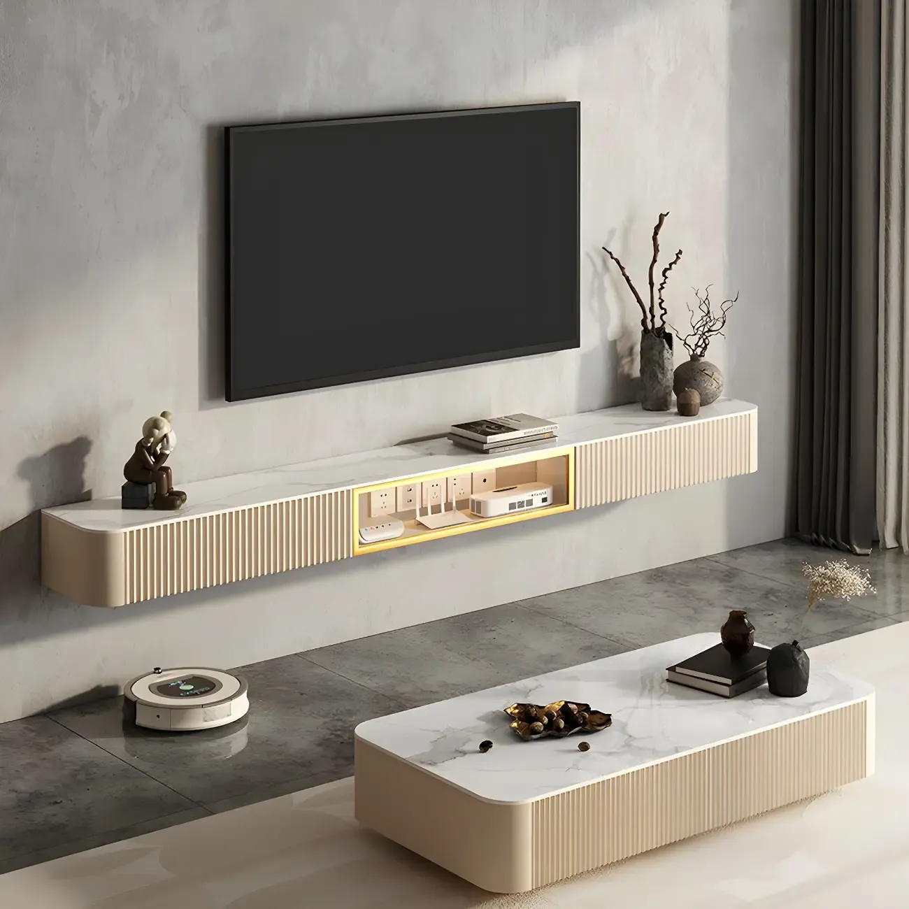 Glam Stone Floating TV Stand with Open Shelves for Living Room Image - 15