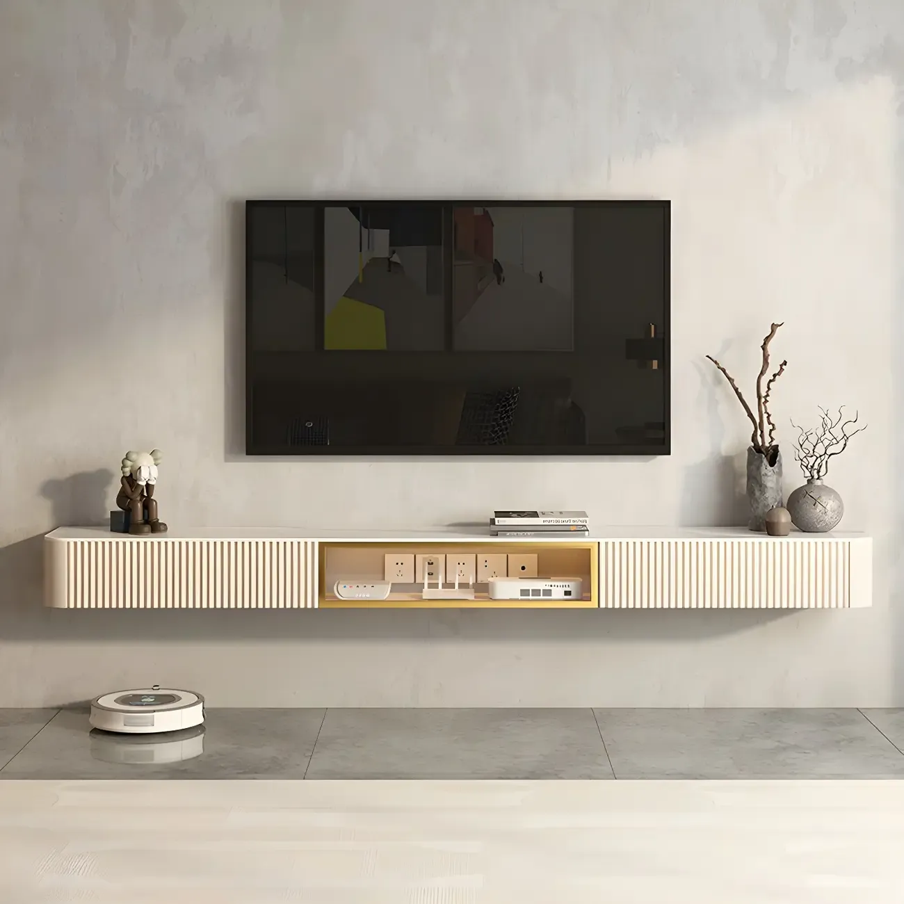 Glam Stone Floating TV Stand with Open Shelves for Living Room Image - 16