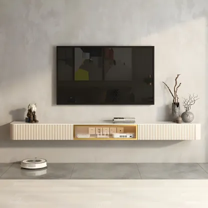 Glam Stone Floating TV Stand with Open Shelves for Living Room Image - 16