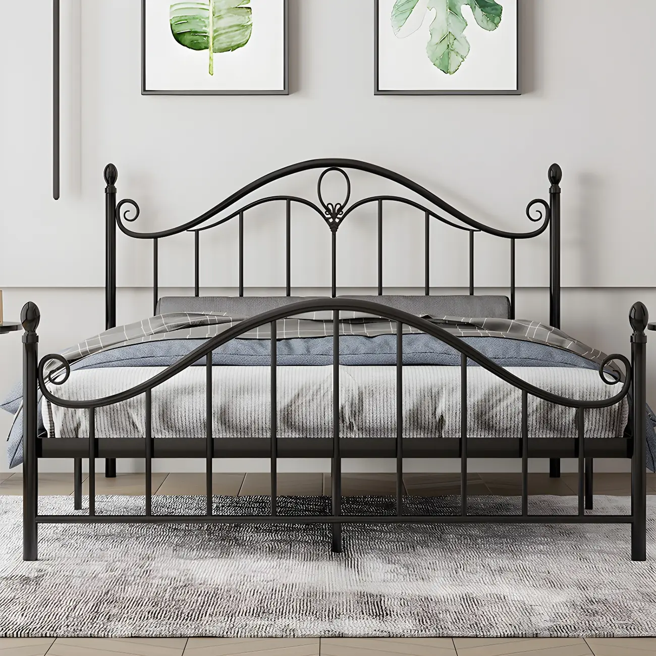 Industrial Curved Metal Platform Bed Frame with Headboard Image - 1 | homeyfad