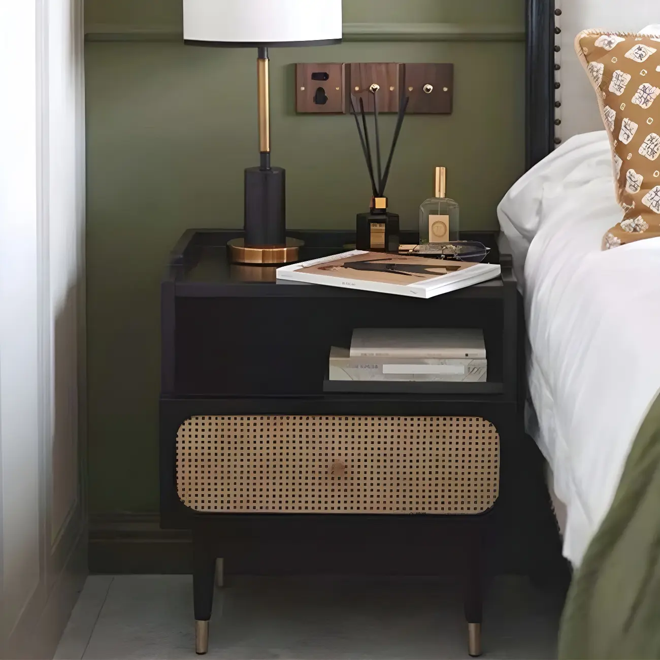 Small 2-Layer Storage Rattan Solid Wood Nightstand Image - 2 | homeyfad