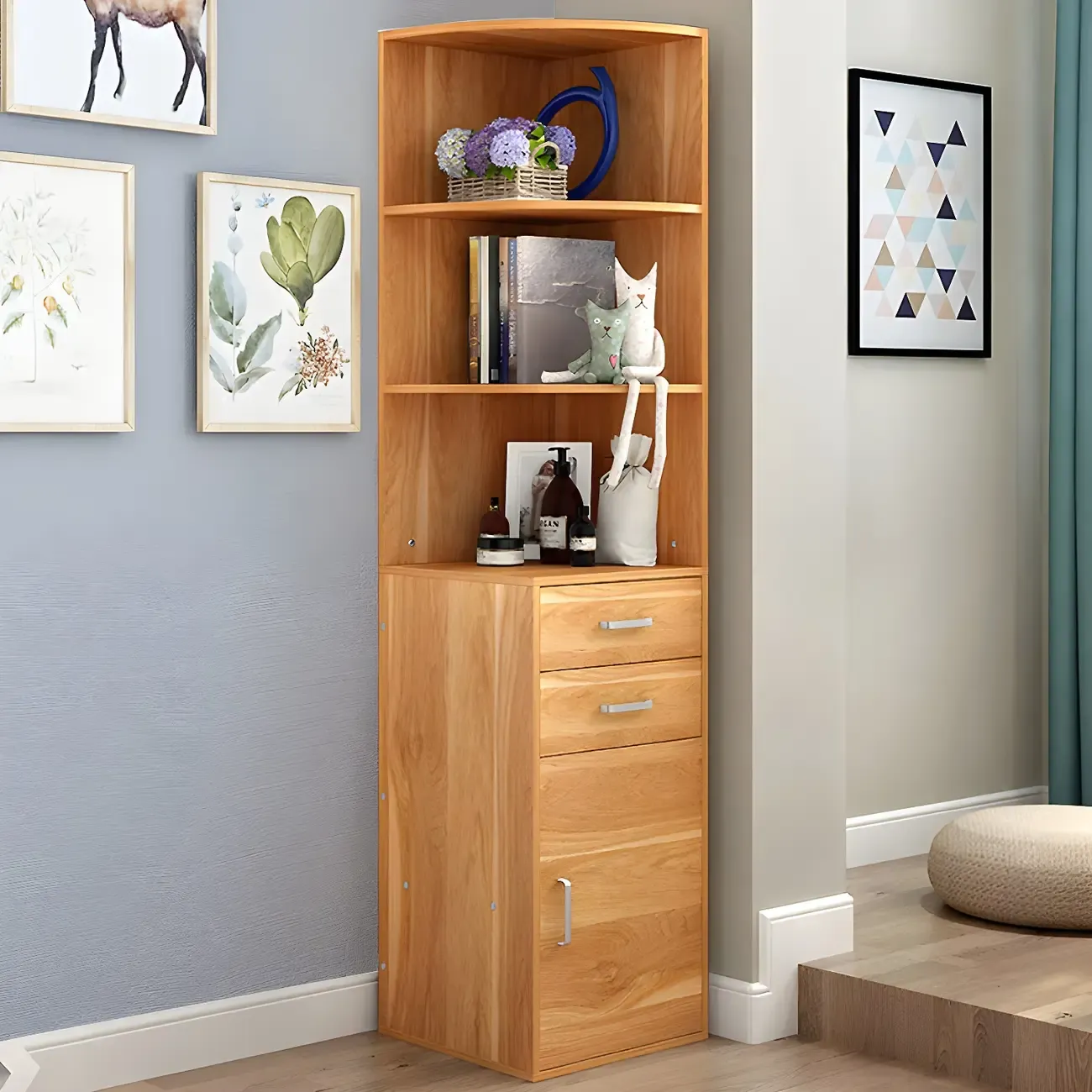Contemporary White Wood Corner Bookcase with Cabinet Image - 3