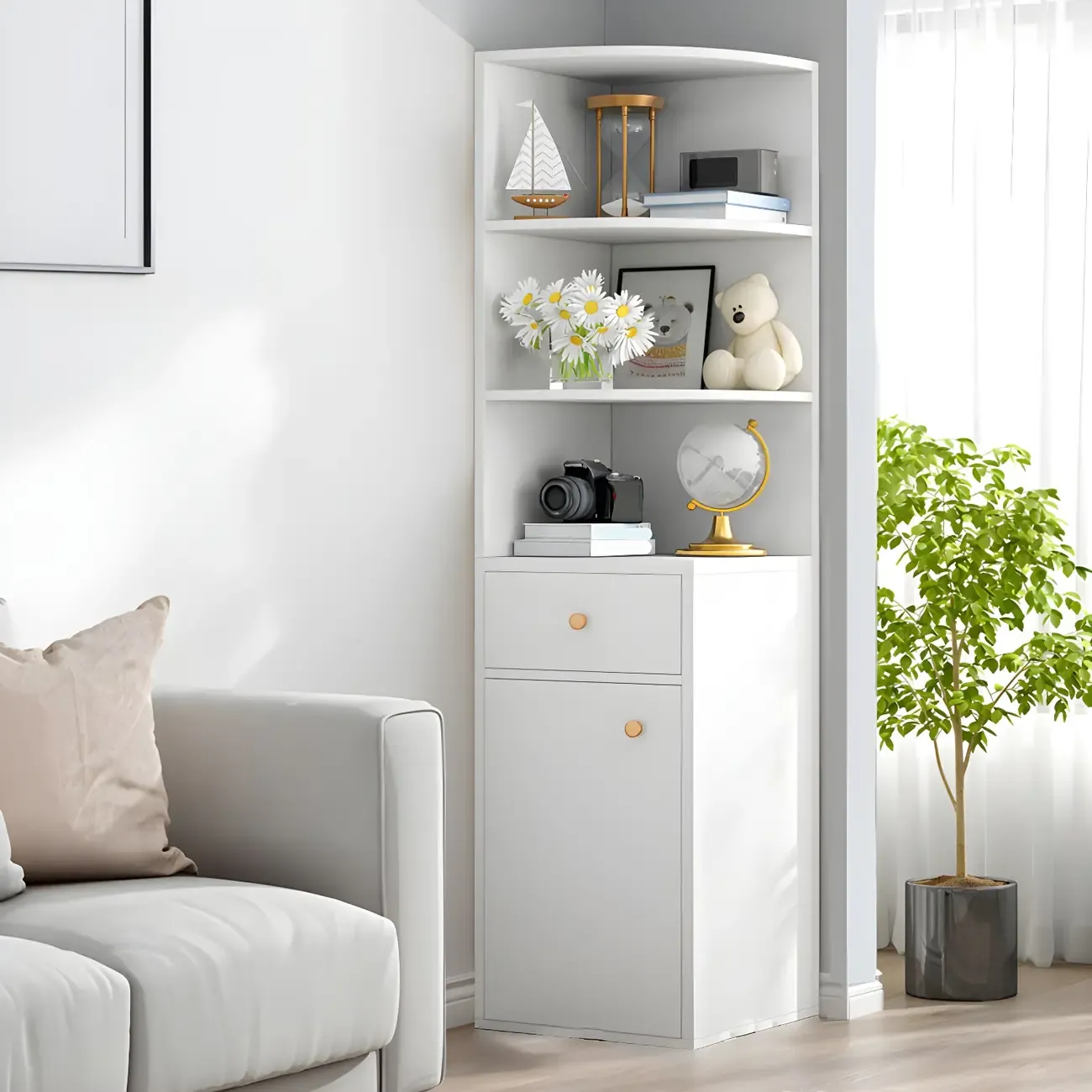 Contemporary White Wood Corner Bookcase with Cabinet Image - 4