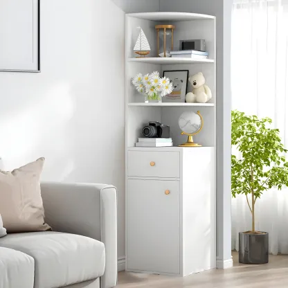 Contemporary White Wood Corner Bookcase with Cabinet Image - 4