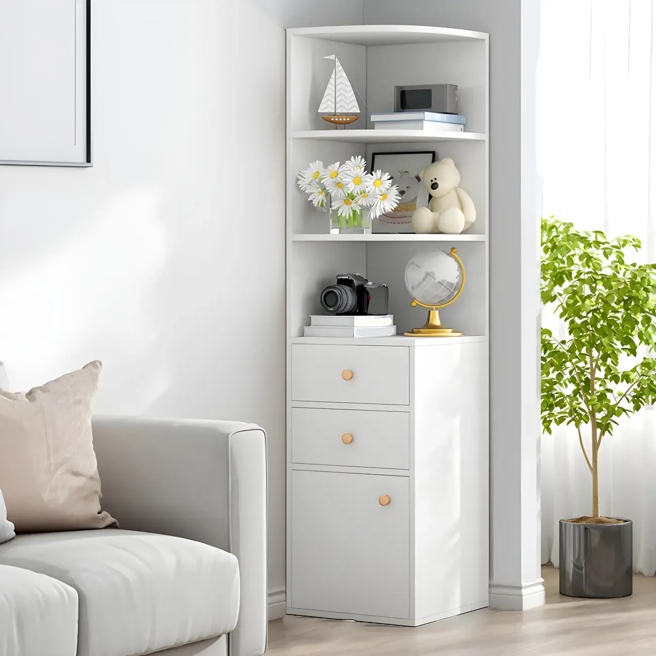 Contemporary White Wood Corner Bookcase with Cabinet Image - 2