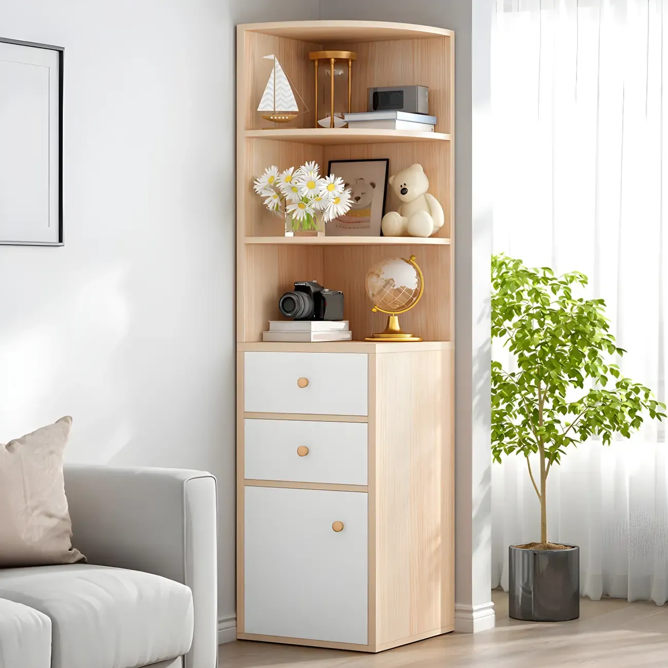 Contemporary White Wood Corner Bookcase with Cabinet Image - 1