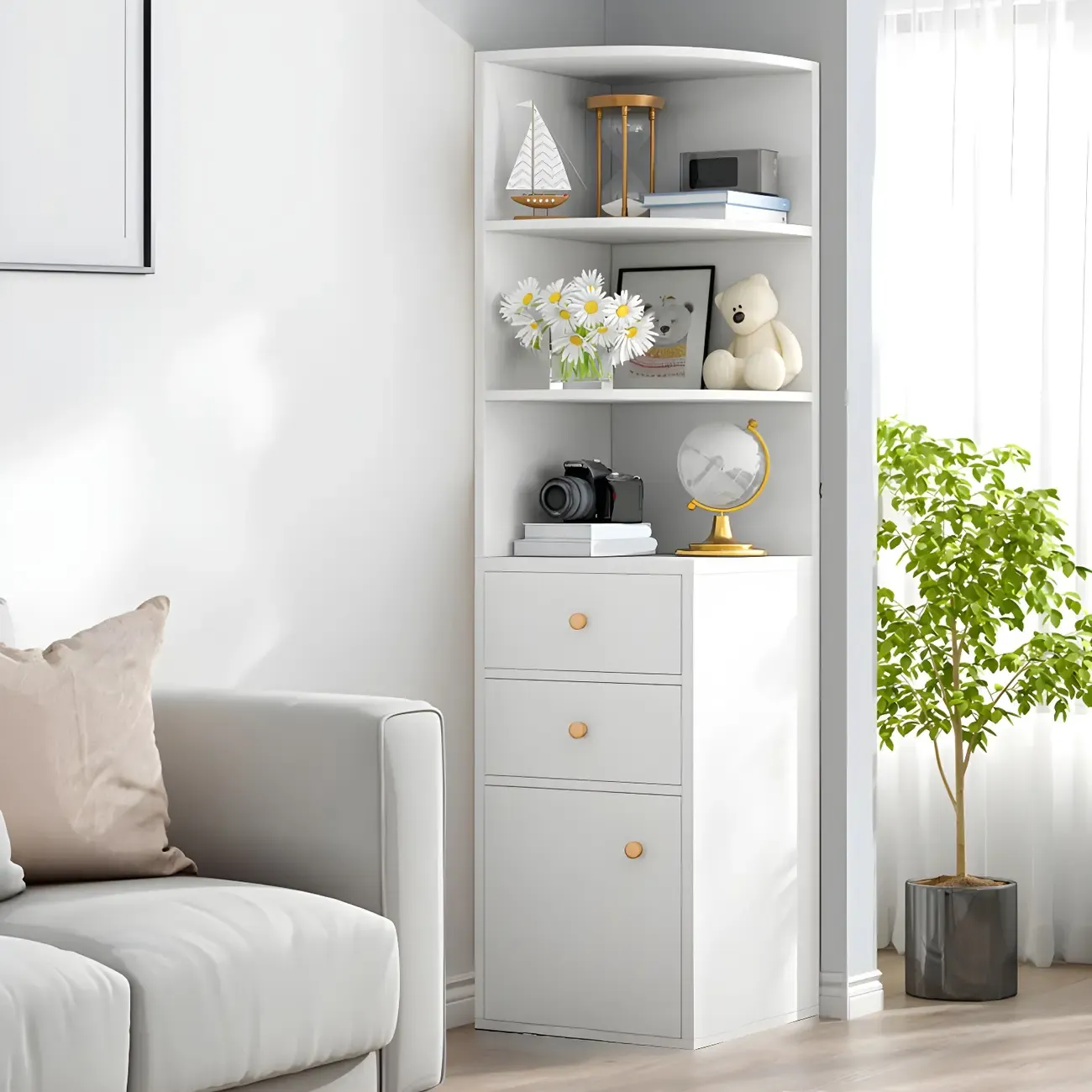 Contemporary White Wood Corner Bookcase with Cabinet Image - 5
