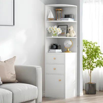 Contemporary White Wood Corner Bookcase with Cabinet Image - 5