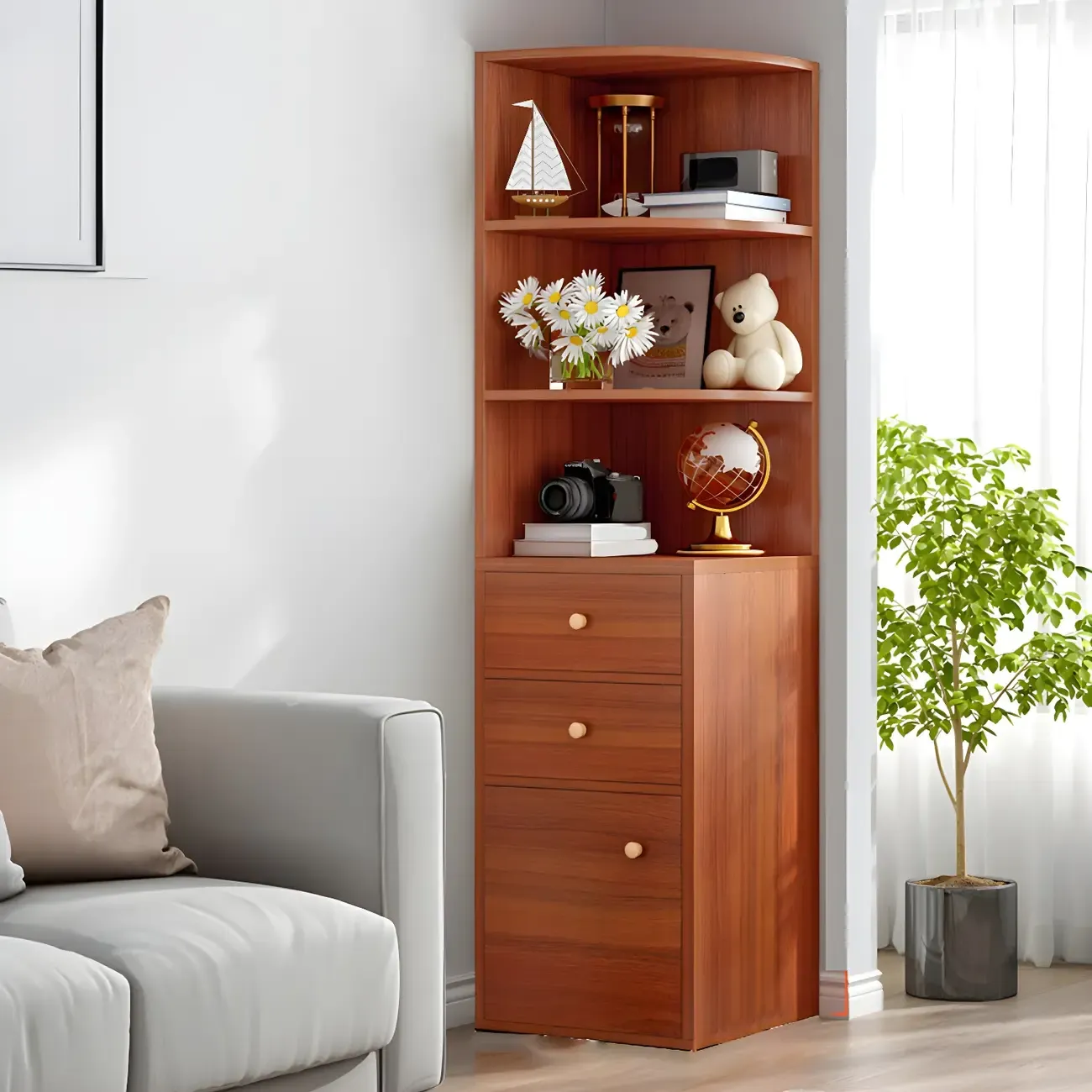 Contemporary White Wood Corner Bookcase with Cabinet Image - 6