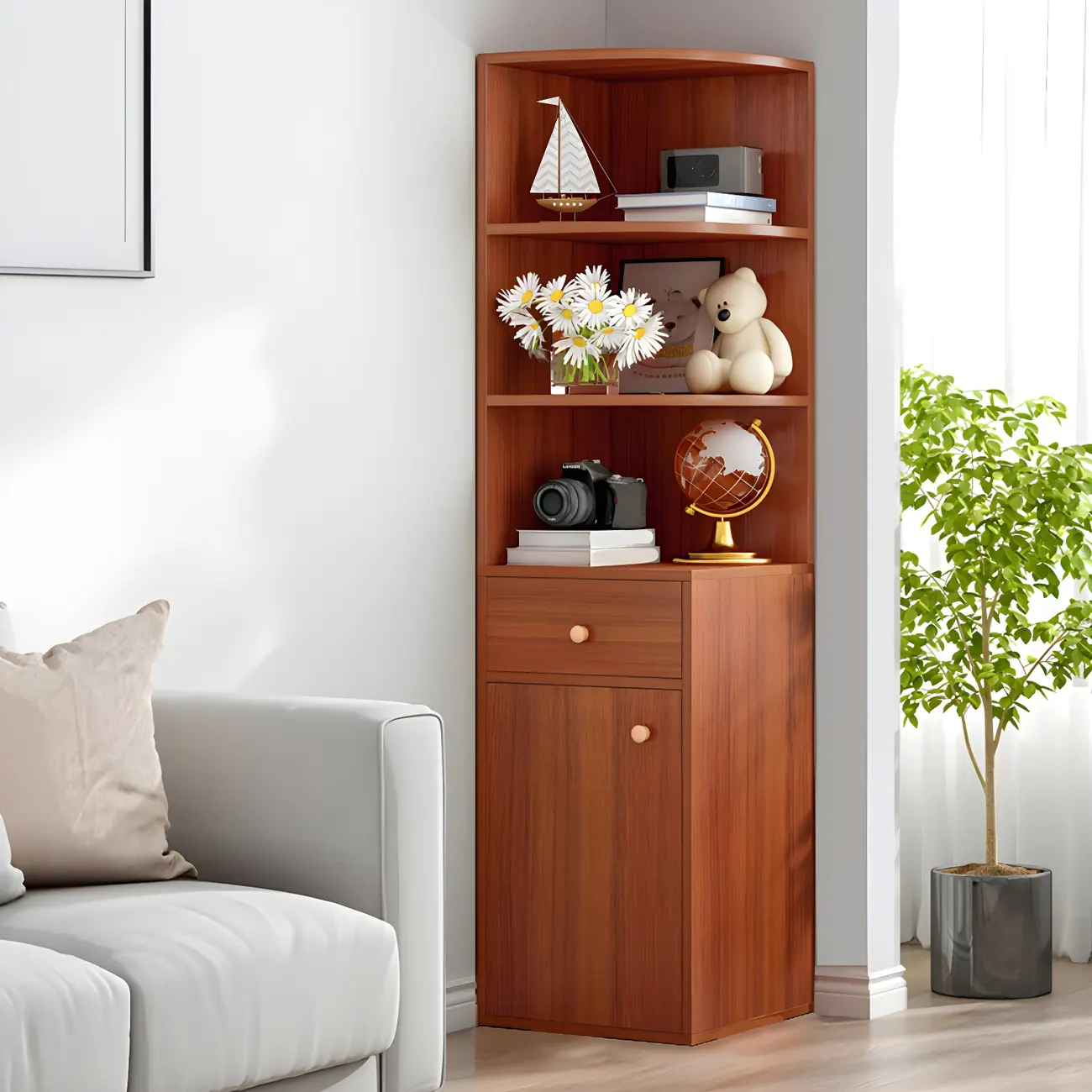 Contemporary White Wood Corner Bookcase with Cabinet Image - 7 | homeyfad