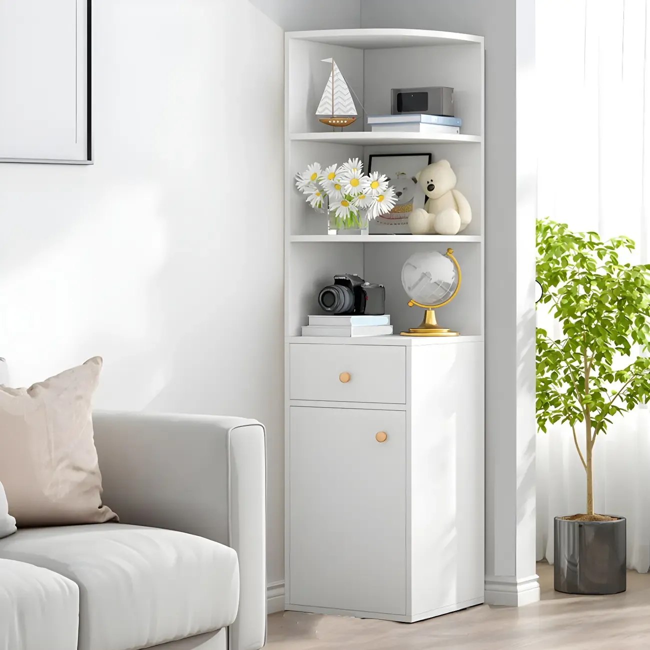 Contemporary White Wood Corner Bookcase with Cabinet Image - 8