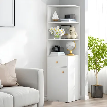 Contemporary White Wood Corner Bookcase with Cabinet Image - 8