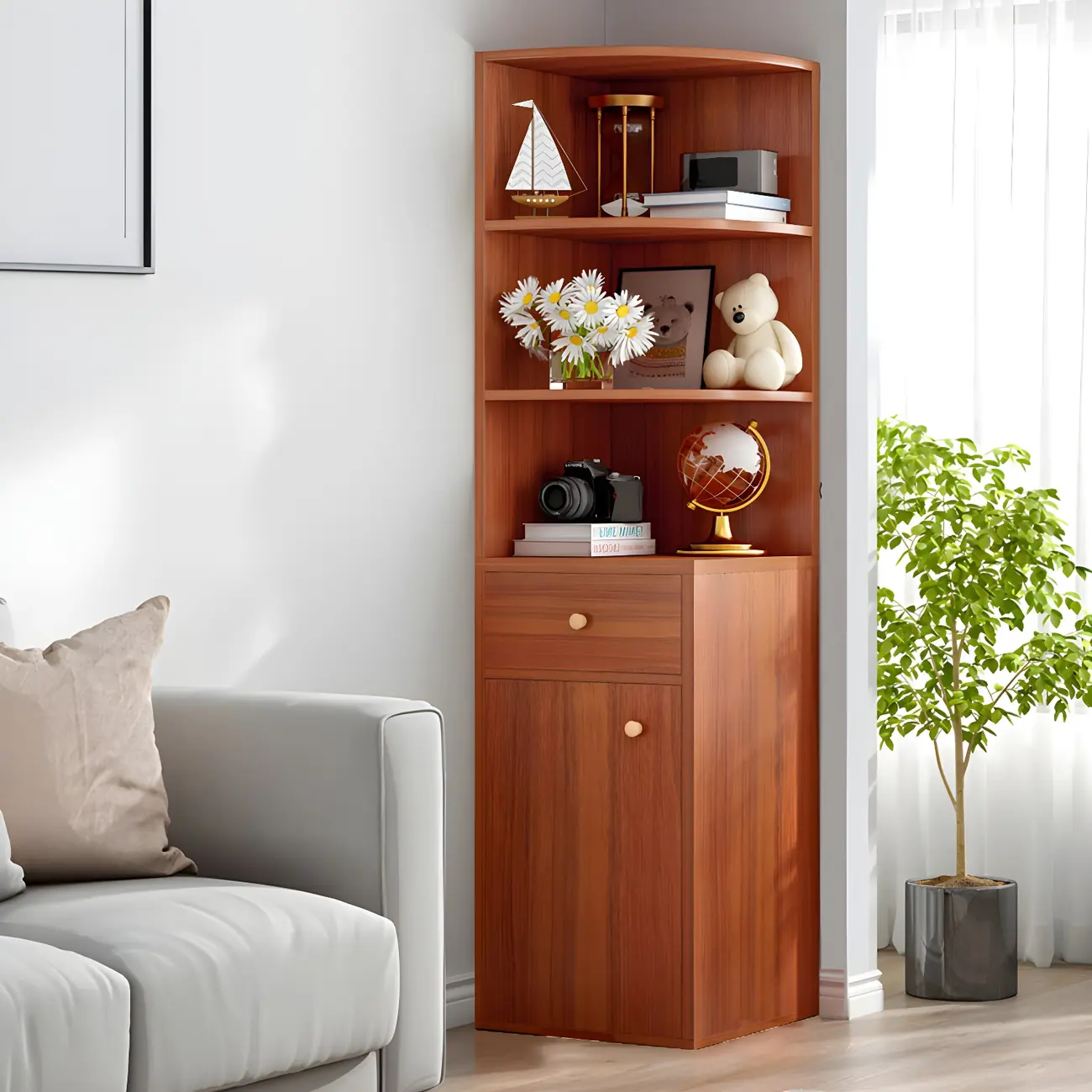 Contemporary White Wood Corner Bookcase with Cabinet Image - 9 | homeyfad